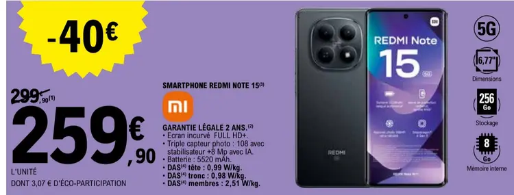 Offre: Smartphone REDMI note 15
