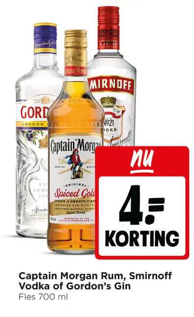 Aanbieding: Captain Morgan Rum, Smirnoff Vodka of Gordon's Gin