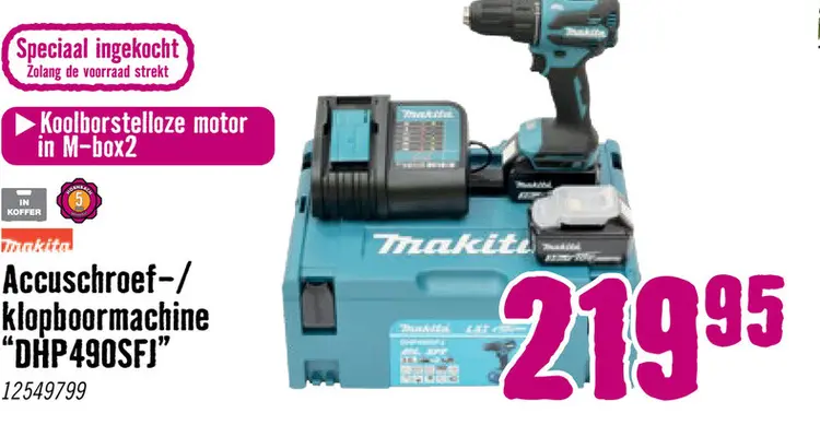 Aanbieding: Makita accuschroefboormachine met 18 volt lithium-ionbatterijMakita accuschroefboormachine boort gat in baksteenMakita accuschroefboormachine met 18 v
