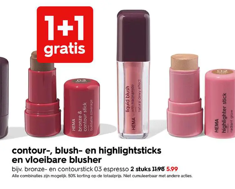 Promotie: Contour-, blush- en highlightsticks en vloeibare blusher