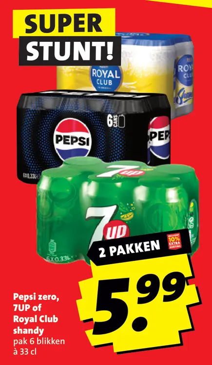 Aanbieding: Pepsi zero, 7UP or Royal Club shandy