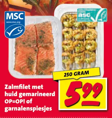 Aanbieding: Zalmfilet met huid gemarineerd OP=OP! of garnalenspiesjes