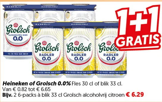 Heineken of Grolsch 0.0% Fles of blik