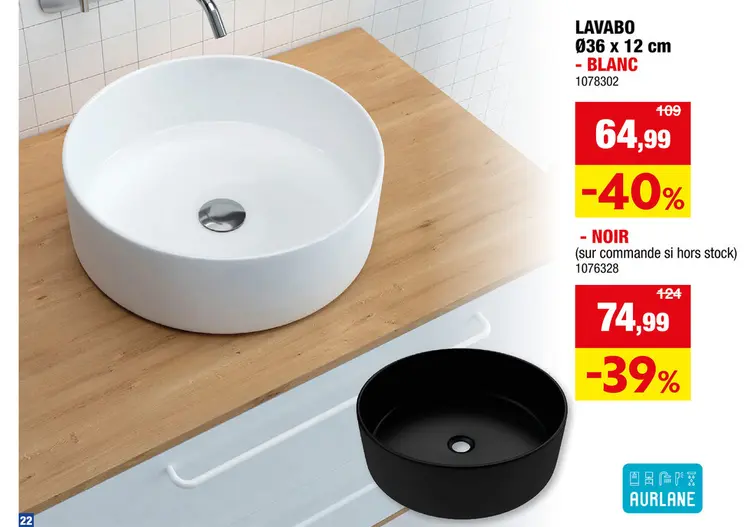 Offre: Aurlane vasque à poser rond 36cm noir