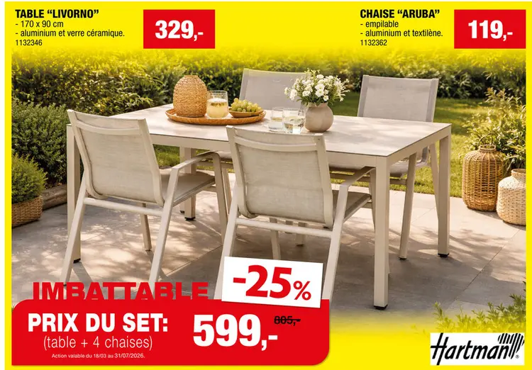 Offre: Hartman Livorno table de jardin 170x90 cm sand