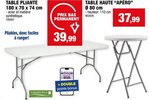 Offre: Garden Plus table pliante 180x70x74 cm blanc