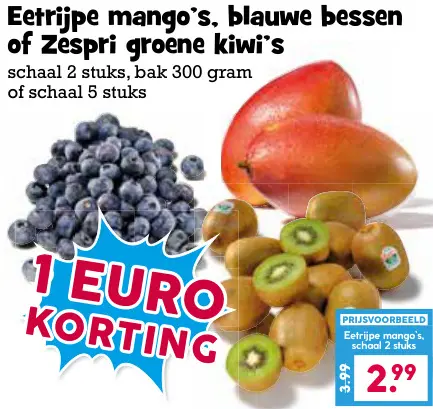 Aanbieding: Eetrijpe mango's, blauwe bessen of groene kiwi's