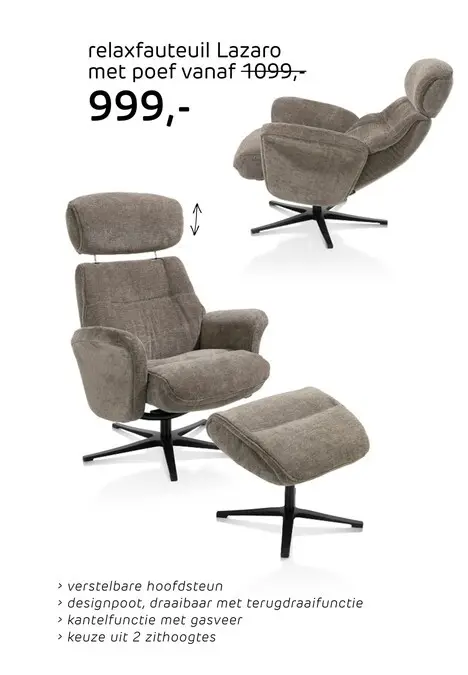 Promotie: Lazaro, relaxfauteuil met poef - stof Livigno - bruin