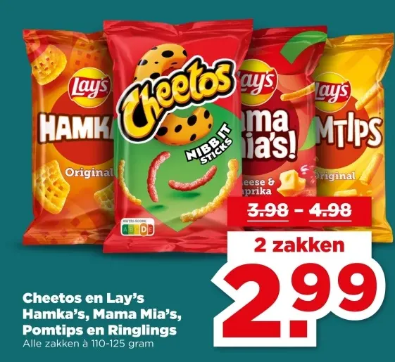 Aanbieding: Cheetos en Lay's Hamka's, Mama Mia's, Pomtips en Ringlings