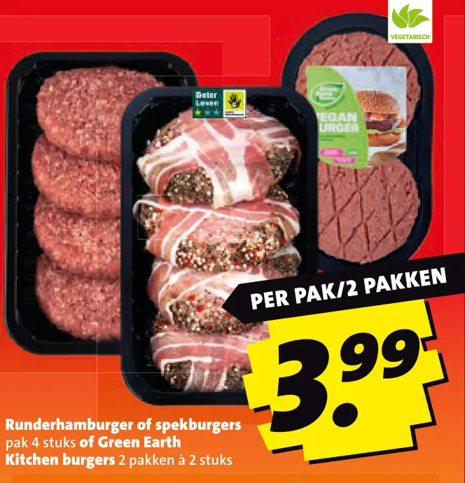Aanbieding: Runderhamburger of spekburgers of Green Earth Kitchen burgers