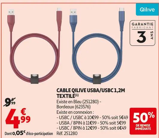 Promotie: Cable Qilive usba/usbc 1,2m textile