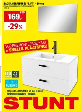 Aanbieding: Aurlane Lift badkamermeubel set 80cm 2 lades wit