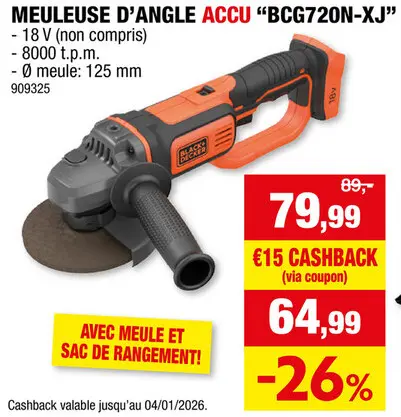 Offre: Black+Decker BCG720N-XJ meuleuse d'angle sans fil 18V Li-Ion 125mm batterie non comprise