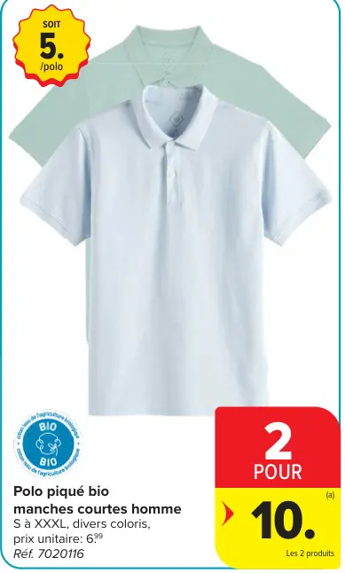 Offre: Polo piqué bio manches courtes homme