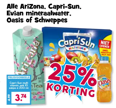 Aanbieding: Arizona, Capri-Sun, Evian mineraalwater, Oasis of Schweppes