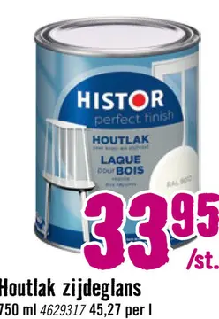 Aanbieding: HISTOR Perfect Finish Houtlak zijdeglans RAL 9010 750 ml