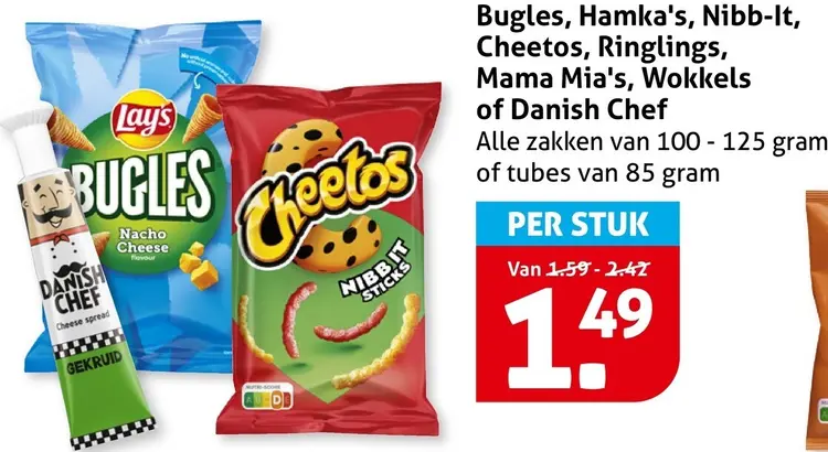 Aanbieding: Bugles, Hamka's, Nibb-It, Cheetos, Ringlings, Mama Mia's, Wokkels of Danish Chef