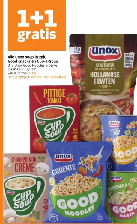 Aanbieding: Unox soep in zak, Good snacks en Cup-a-Soup