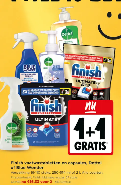Promotie: Finish vaatwastabletten en capsules, Dettol of Blue Wonder 