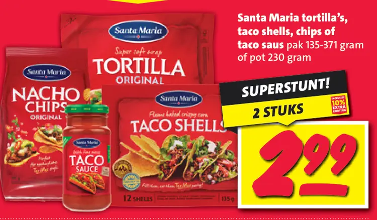 Aanbieding: Santa Maria tortilla's, taco shells, chips of taco saus
