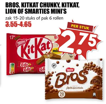 Aanbieding: Bros, KitKat chunky, KitKat, lion of smarties mini's