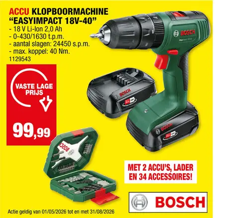 Promotie: EasyImpact 18V-40 accu klopboorschroefmachine 18V Li-Ion + 2 accu's + lader + 34 accessoires
