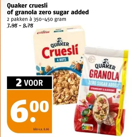 Aanbieding: Quaker cruesli of granola zero sugar added