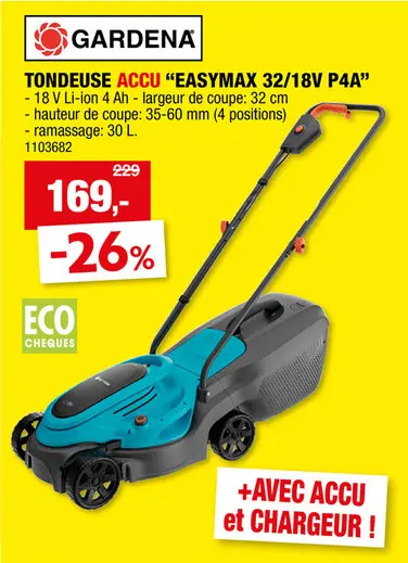 Offre: Gardena EasyMax 32/18V P4A tondeuse sans fil 18V Li-Ion 32cm