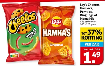 Aanbieding: Lay's Cheetos, Hamka's, Pomtips, Ringlings of Mama Mia