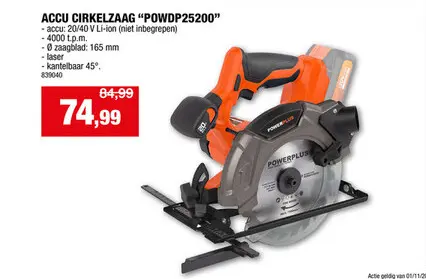 Promotie: Powerplus Dual Power POWDP25200 accu cirkelzaag 20V 165mm zonder accu