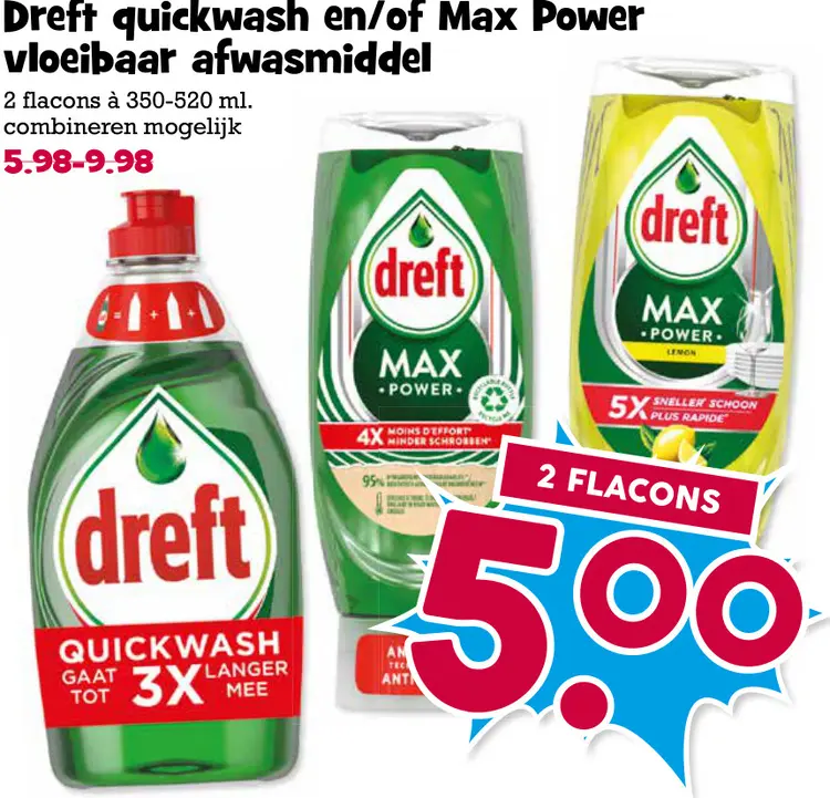 Aanbieding: quickwash en/of Max Power vloeibaar afwasmiddel
