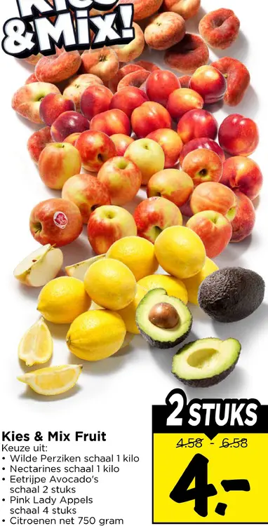 Aanbieding: Wilde perziken, nectarines, eetrijpe avocado's, Pink Lady appels of citroenen