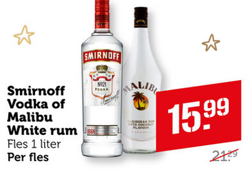 Aanbieding: Smirnoff Vodka of Malibu White rum