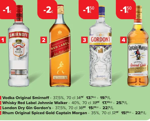 Offre: Vodka Original Smirnoff, Whisky Red Label Johnnie Walker, London Dry Gin Gordon's. Rhum Original Spiced Gold Captain Morgan
