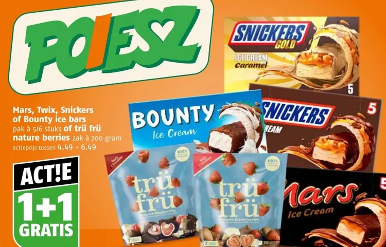 Aanbieding: Mars, Twix, Snickers of Bounty ice bars of trü frü nature berries