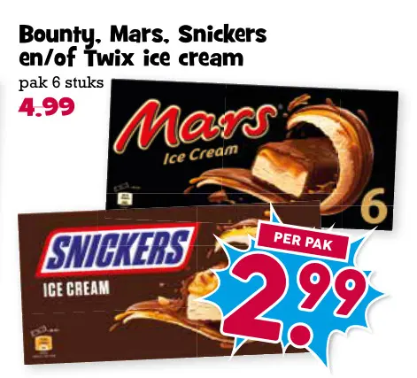 Aanbieding: Bounty, Mars, Snickers en/of Twix ice cream