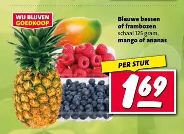 Aanbieding: Blauwe bessen, frambozen, mango of ananas