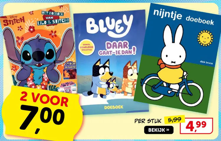 Promotie: Stitch, Bluey, Nijntje doeboek