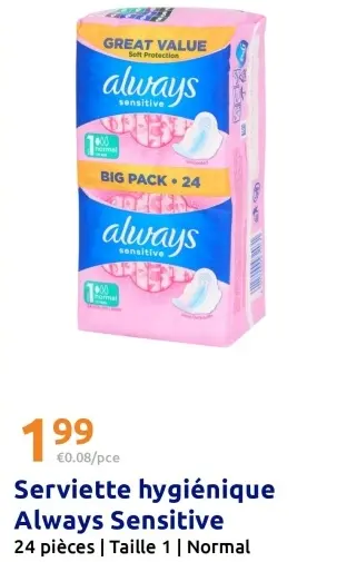 Offre: Serviette hygiénique Always Sensitive