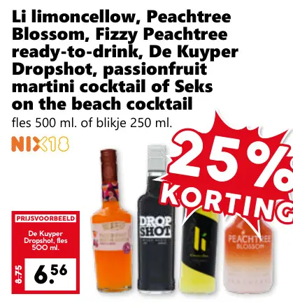 Aanbieding: Li Limoncello, Peachtree Blossom, Fizzy Peachtree ready-to-drink, De Kuyper Dropshot, passionfruit martini cocktail of Seks on the beach cocktail
