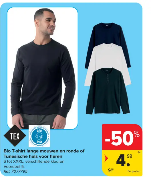 Promotie: Bio T-shirt lange mouwen en ronde of Tunesische hals voor heren