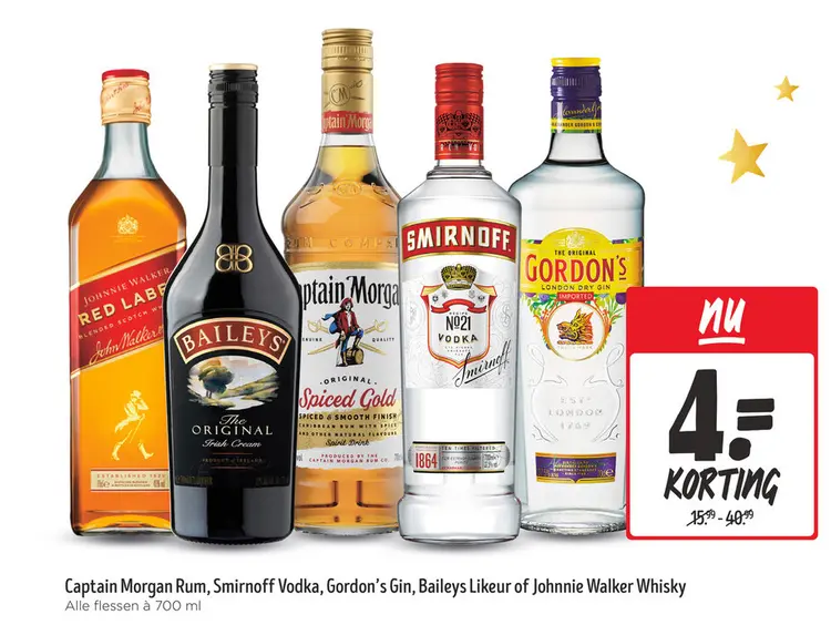 Aanbieding: Captain Morgan Rum, Smirnoff Vodka, Gordon's Gin, Baileys Likeur of Johnnie Walker Whisky