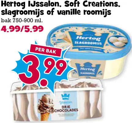 Aanbieding: Hertog IJssalon, Soft Creations, slagroomijs of vanille roomijs