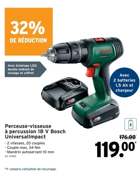 Offre: Perceuse-visseuse à percussion 18 V Bosch Uni