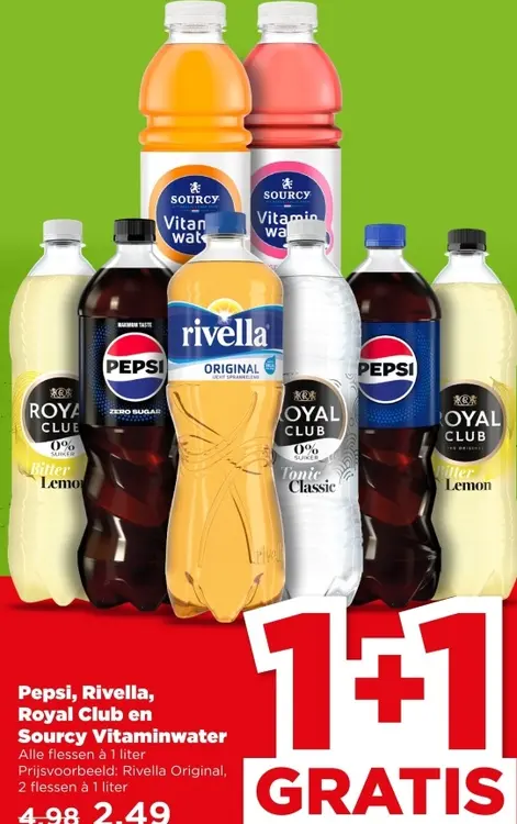 Aanbieding: Pepsi, Rivella, Royal Club en Sourcy Vitaminwater