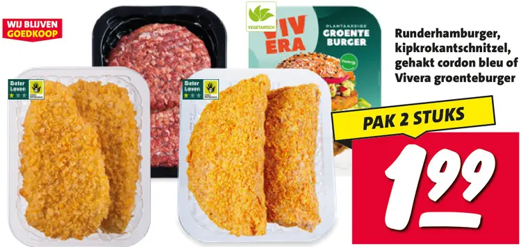 Aanbieding: Runderhamburger, kipkrokantschnitzel, gehakt cordon bleu of groenteburger