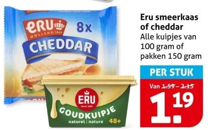 Aanbieding: Eru smeerkaas of cheddar