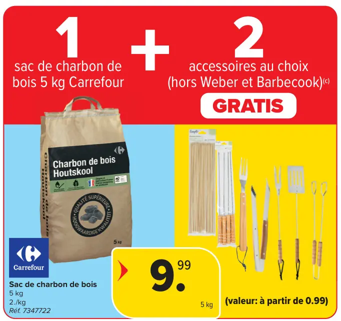 Offre: Sac de charbon de bois + 2 accessoires au choix GRATIS