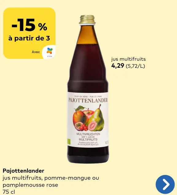 Offre: Pajottenlander jus multifruits, pomme-mangue ou pamplemousse rose
