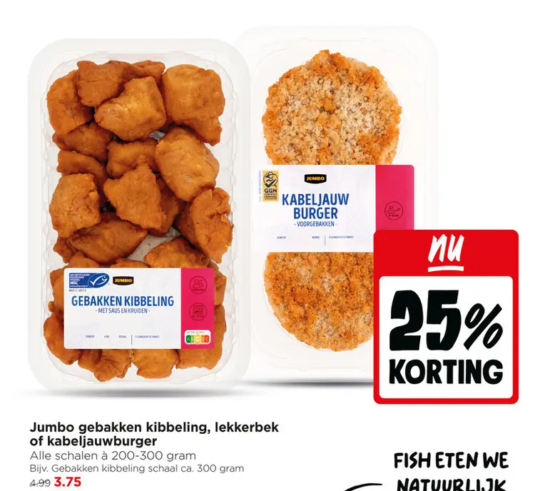 Aanbieding: Gebakken kibbeling, lekkerbek of kabeljauwburger